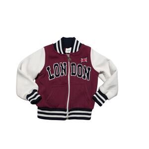 London Toddler Boys Maroon Cream Varsity Jacket Souvenir Bomber Coat Size 1/2